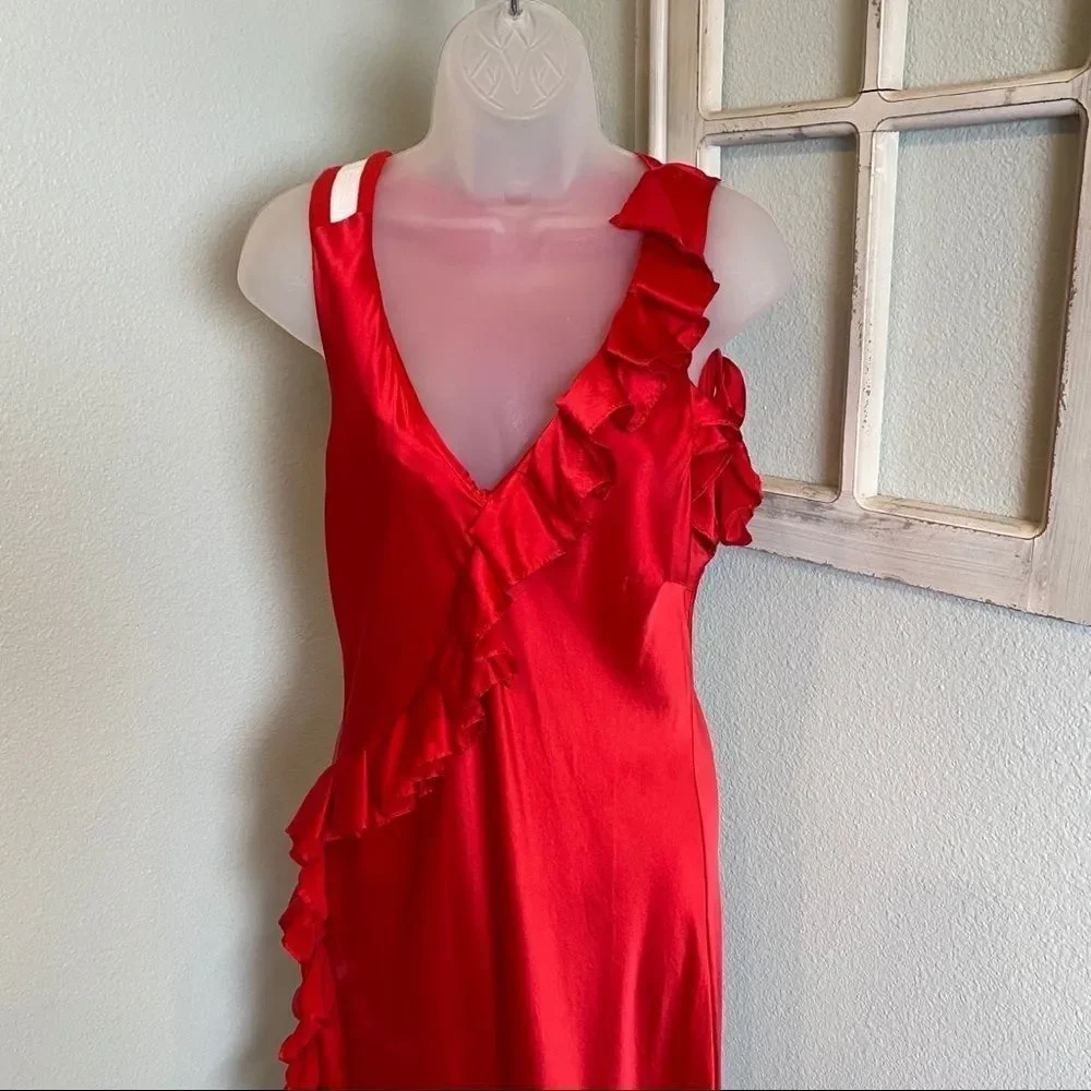 RED SILK DRESS Pure Silk 100% with Ruffles Size 8 Medium - Picture 5 of 14